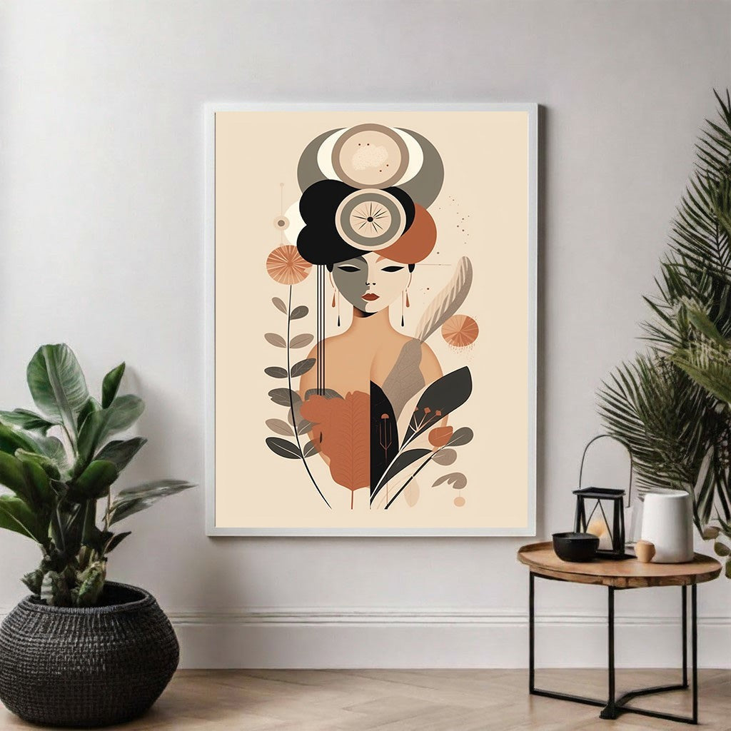 Wadi Home abstract botanical portrait wall art featuring a stylized female figure with terracotta, beige, and black floral elements.