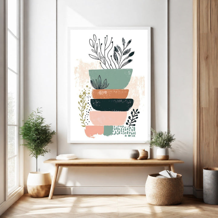Wadi Home abstract botanical stacked bowls wall art with earthy tones and minimalist design. Features delicate botanical illustrations.