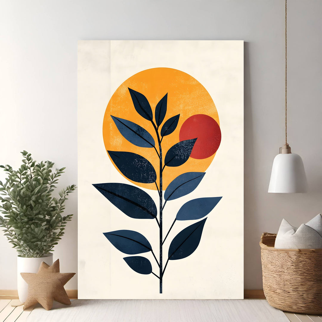 Wadi Home Abstract Botanical Sun Art Print featuring navy blue leaves against a textured orange sun and red circle.