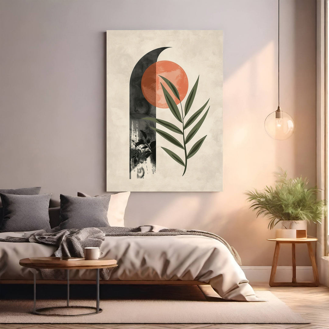 Wadi Home Abstract Botanical Sun Moon Wall Art featuring a terracotta sun, black crescent moon, and green leaf on a textured cream background.