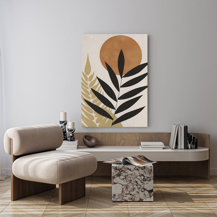 Wadi Home Abstract Botanical Sun Wall Art featuring black leaves and a burnt orange sun on a cream background.