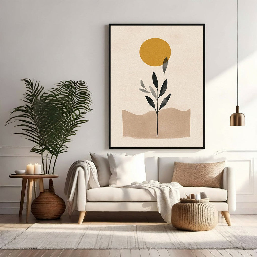 Wadi Home abstract botanical sun wall art with golden sun and minimalist plant design on neutral background.