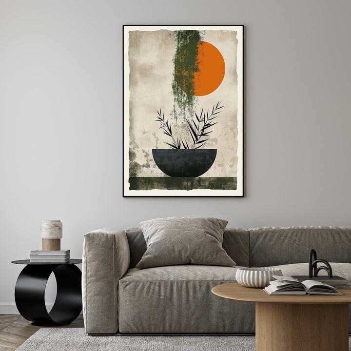 Wadi Home abstract botanical sun wall art with orange sun, dark bowl, and green brushstrokes on textured background.