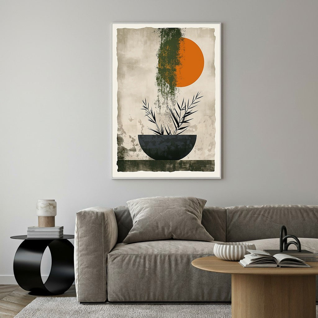 Wadi Home abstract botanical sun wall art with orange sun, dark bowl, and green botanical elements on textured background.