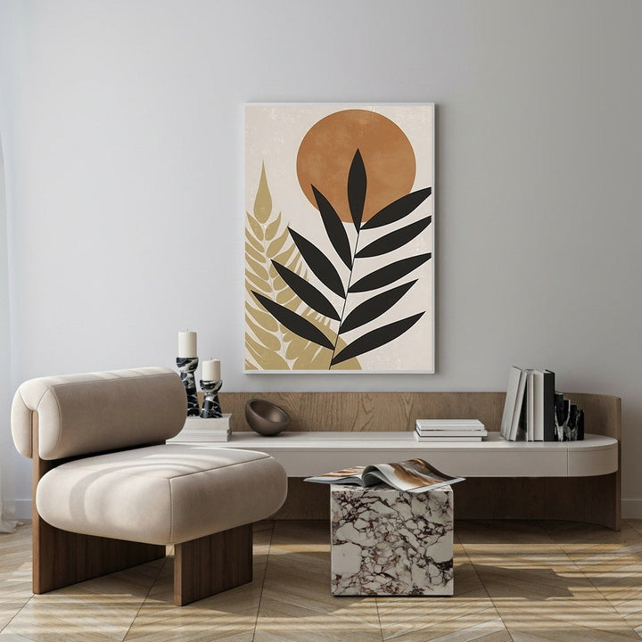 Wadi Home Abstract Botanical Sun Wall Art featuring black leaves and a terracotta sun on a cream background.
