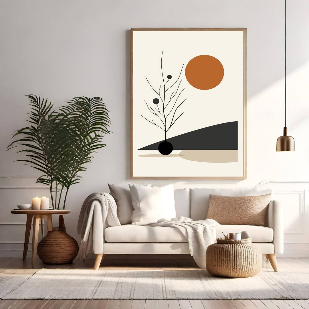 Wadi Home abstract botanical sun wall art with terracotta sun, minimalist branches, and earthy tones.