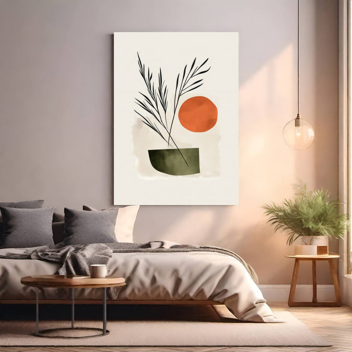 Wadi Home abstract botanical sun wall art with terracotta sun, muted green vase, and minimalist design.
