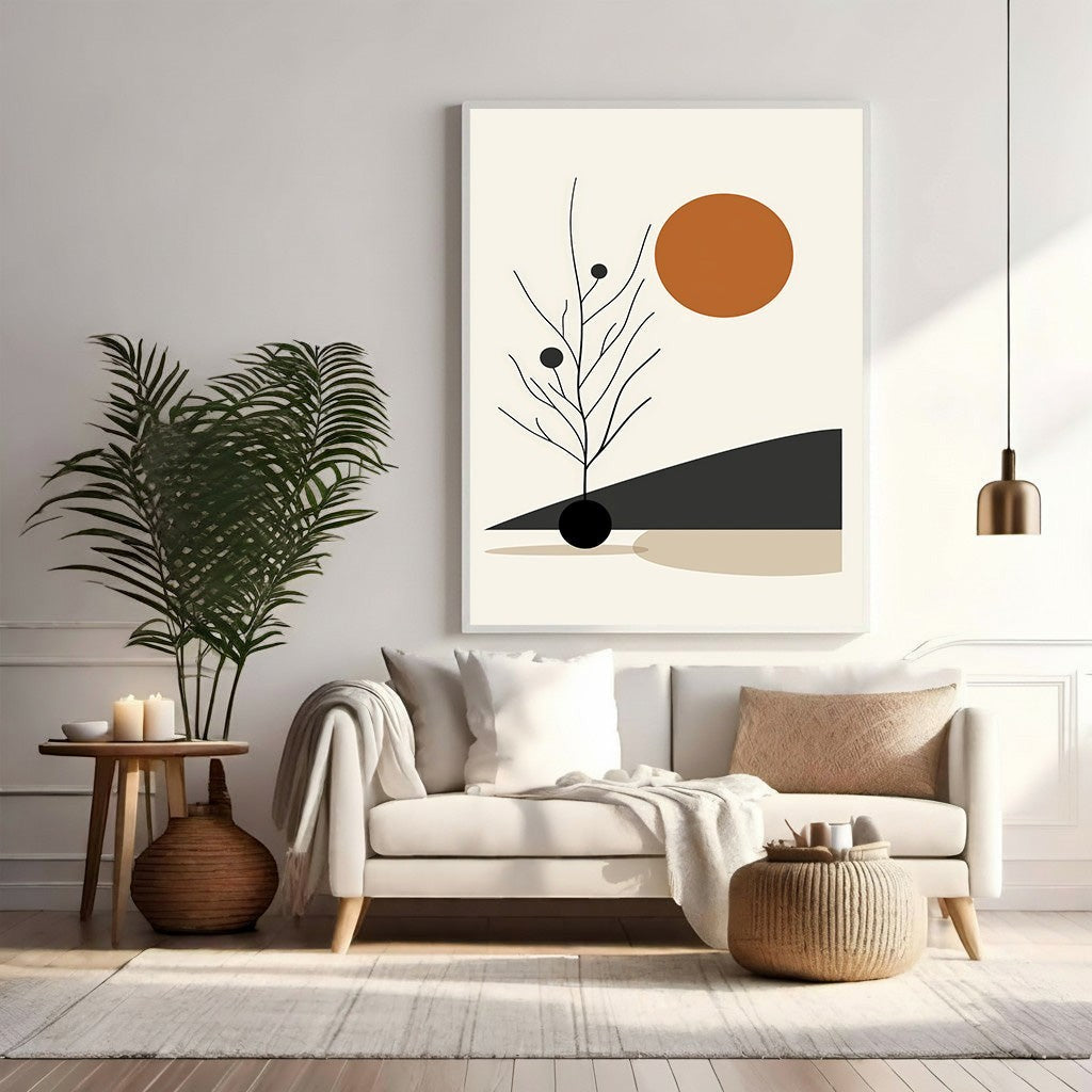 Wadi Home Abstract Botanical Sun Wall Art with terracotta sun, minimalist branches, and earthy tones.