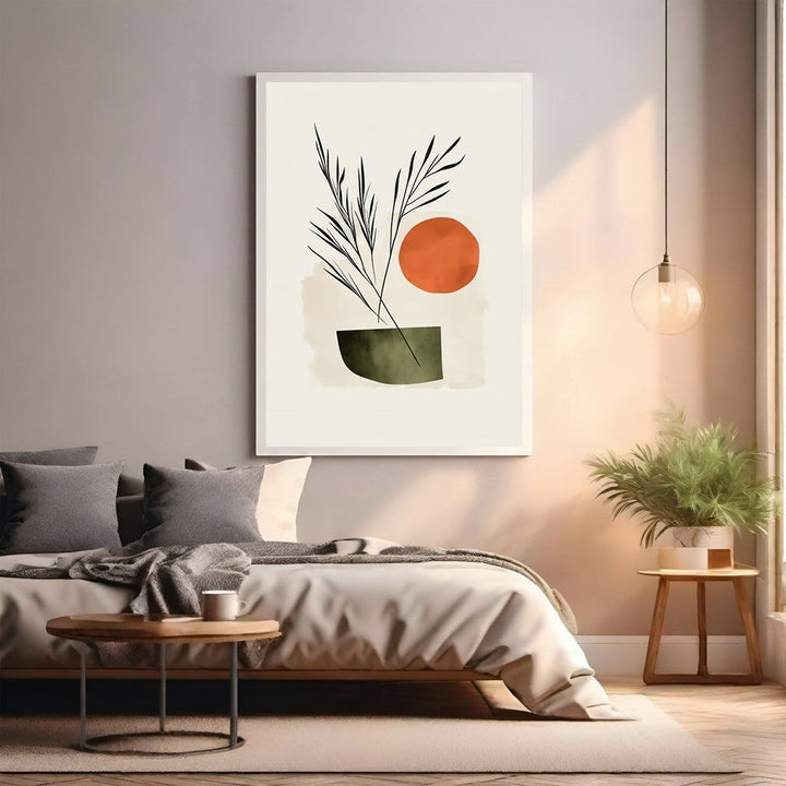 Wadi Home abstract botanical sun wall art with terracotta sun, muted green vase, and minimalist design.