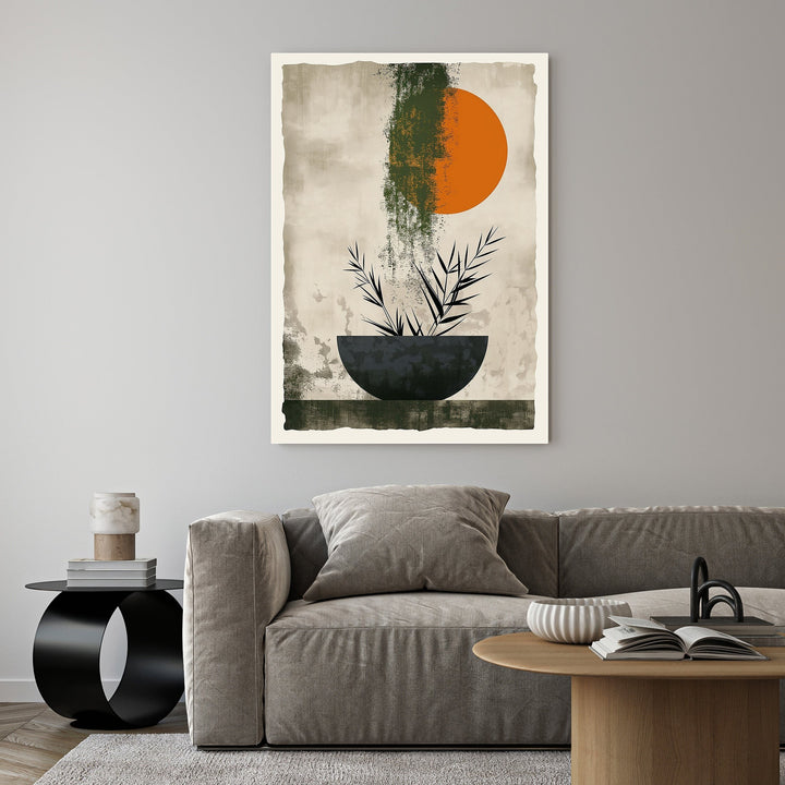 Wadi Home abstract botanical sun wall art with orange sun, green brushstroke, and black plant in a dark bowl.