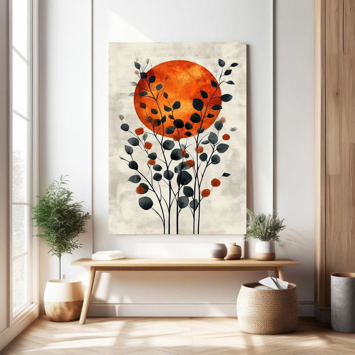 Wadi Home Abstract Botanical Sunburst Wall Art with orange sun and dark blue leaves.