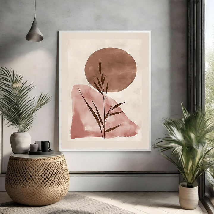Wadi Home abstract botanical sunburst wall art in terracotta and brown tones, minimalist design.