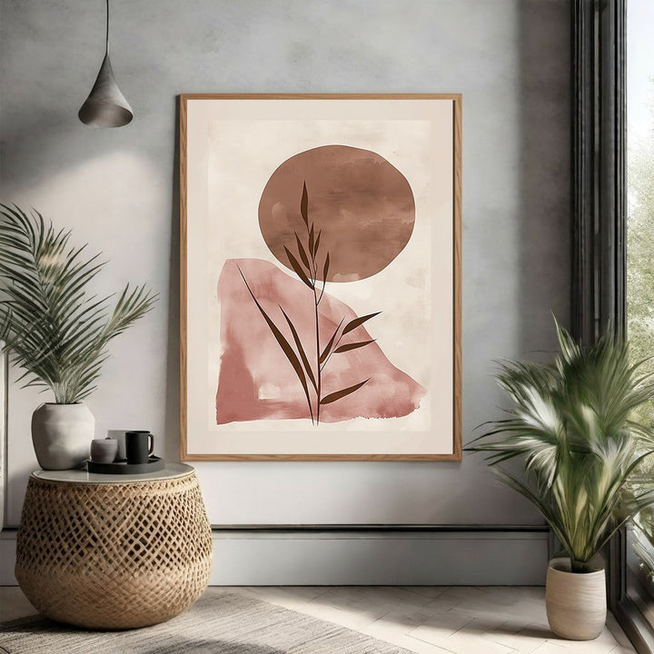 Wadi Home abstract botanical sunburst wall art in terracotta and brown, minimalist design with earthy tones.