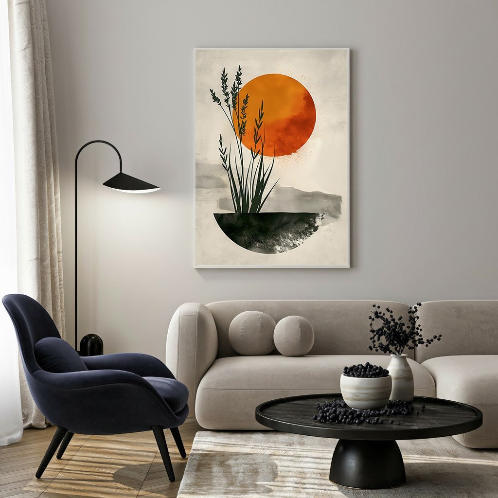 Wadi Home abstract sunset botanical wall art with orange sun and green plants on a neutral background.