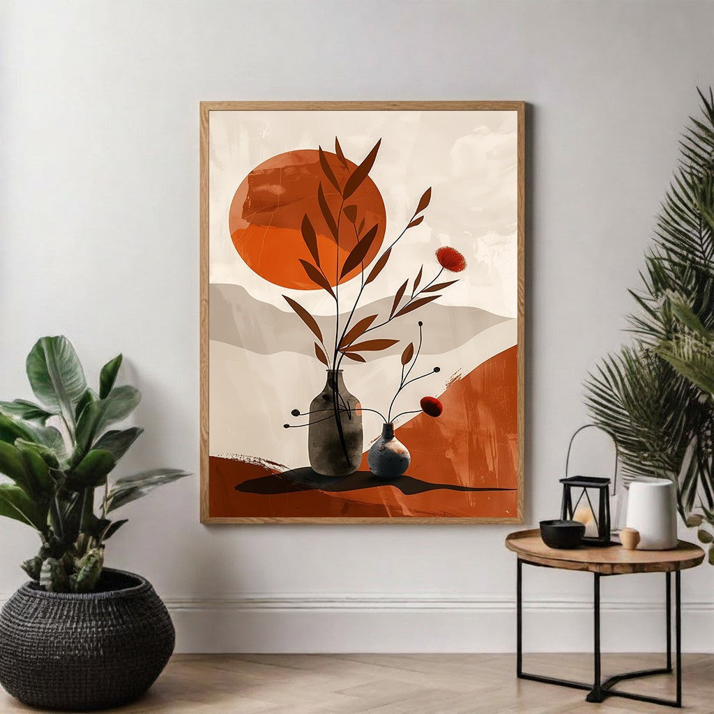 Wadi Home abstract botanical vase wall art with burnt orange sun and rolling hills. Earthy tones.