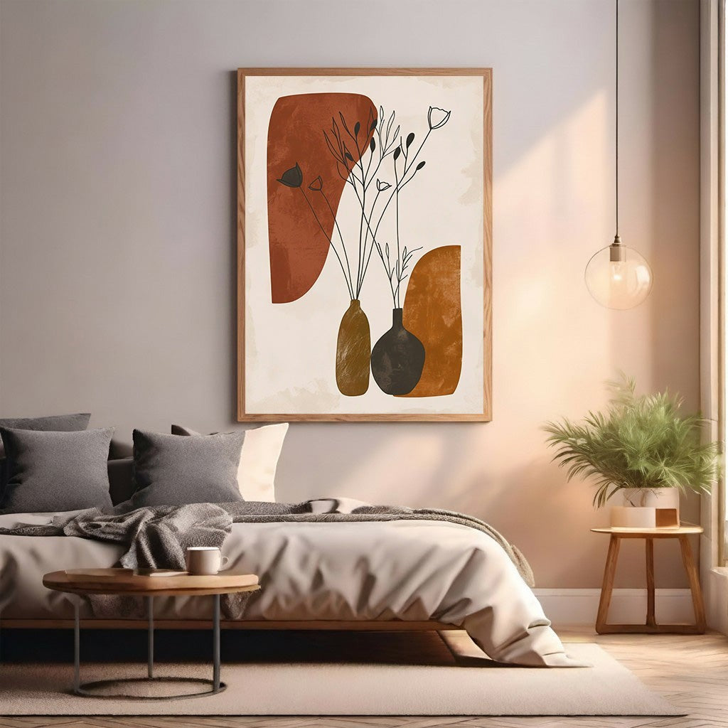 Wadi Home abstract botanical wall art with minimalist vases and organic shapes in terracotta, ochre, and brown.