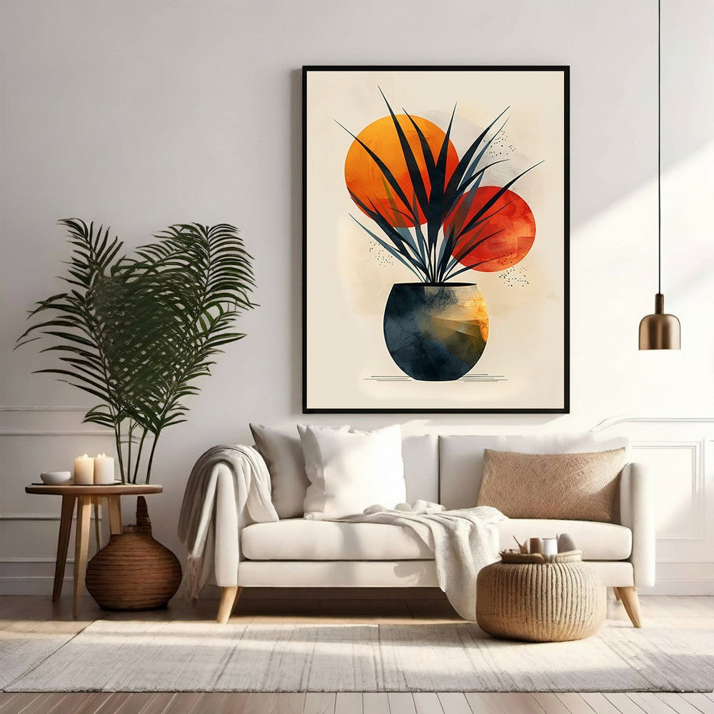 Wadi Home abstract botanical vase wall art with deep blue, orange, and green hues. Minimalist design.