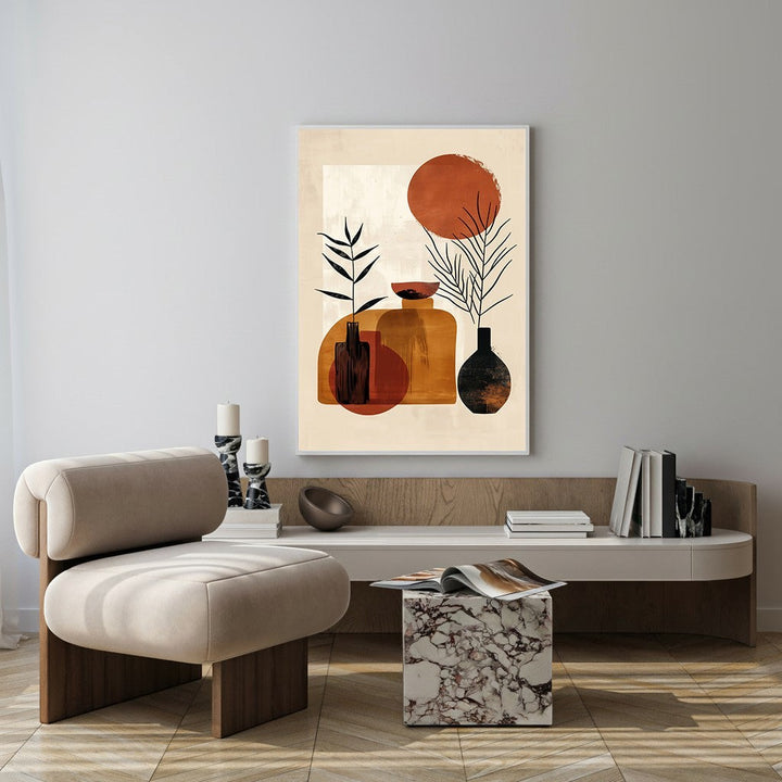 Wadi Home abstract botanical vase wall art with terracotta and black earthy tones. Minimalist design.