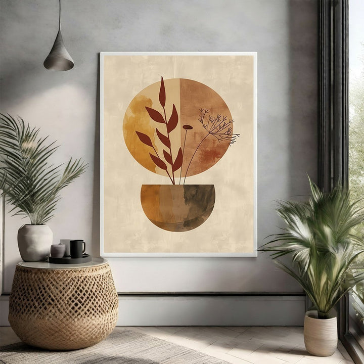 Wadi Home abstract botanical vase wall art in terracotta, rust, and beige. Minimalist design with earthy tones.