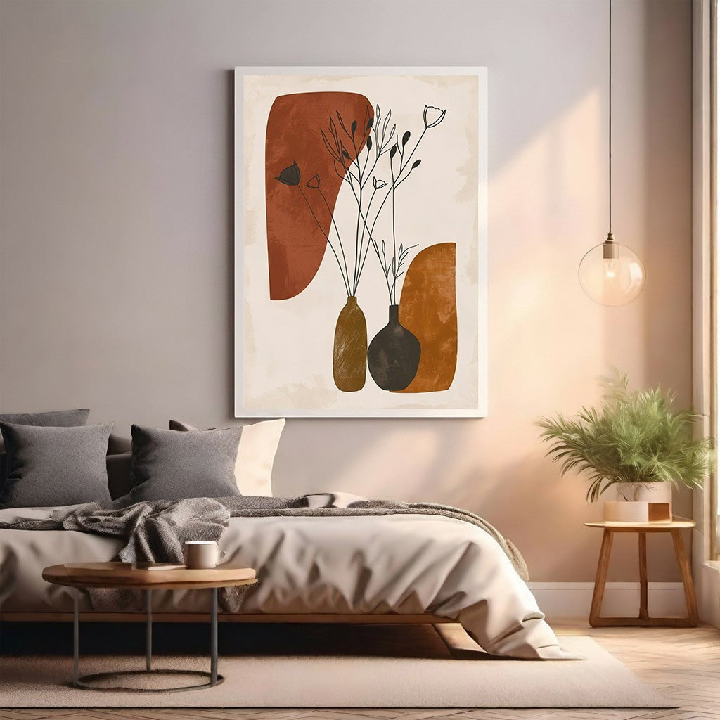 Wadi Home abstract botanical vase wall art with terracotta, ochre, and brown organic shapes and delicate floral outlines.