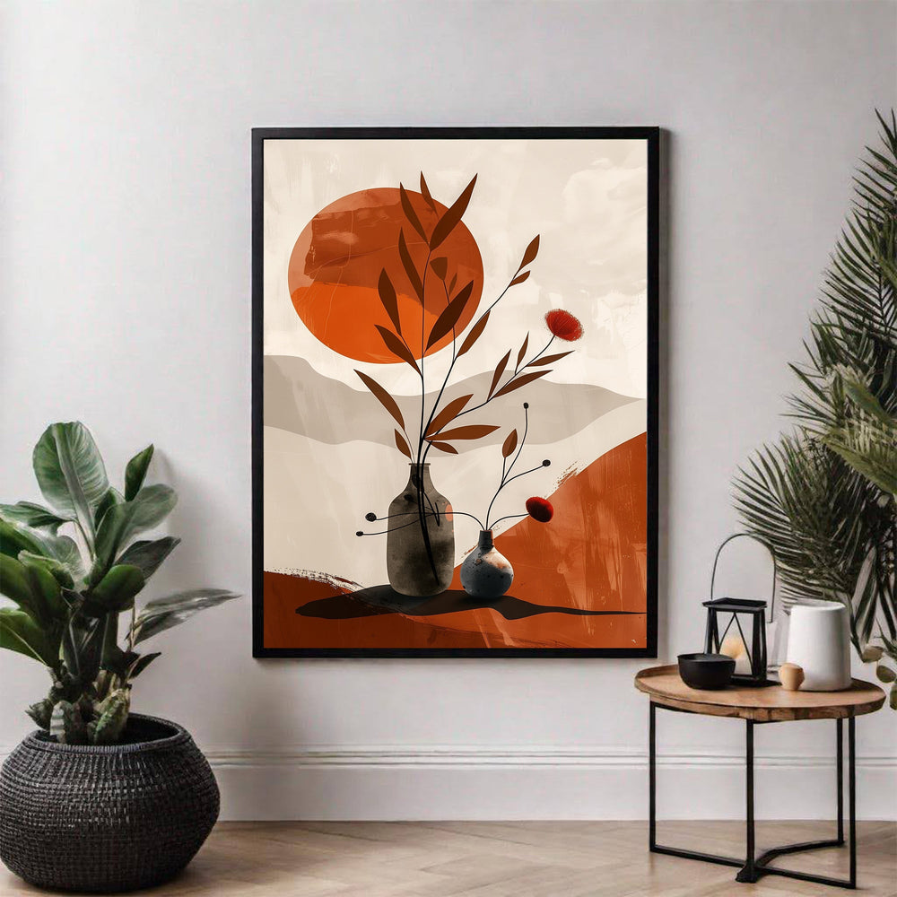 Wadi Home abstract botanical vase wall art with burnt orange sun, beige hills, and brown floral elements in vases.