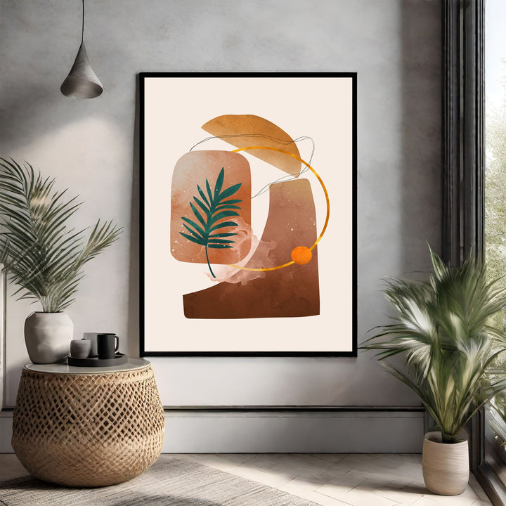Wadi Home abstract botanical wall art with earthy tones, organic shapes, and a green palm leaf detail. Framed in black.