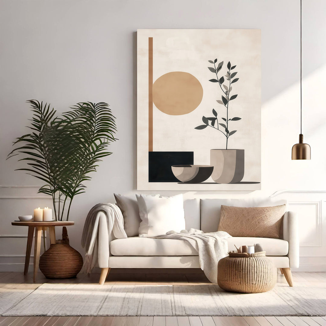 Wadi Home abstract botanical wall art with beige, terracotta, and charcoal tones. Minimalist design features a plant in a pot, sun-like circle, and geometric shapes.