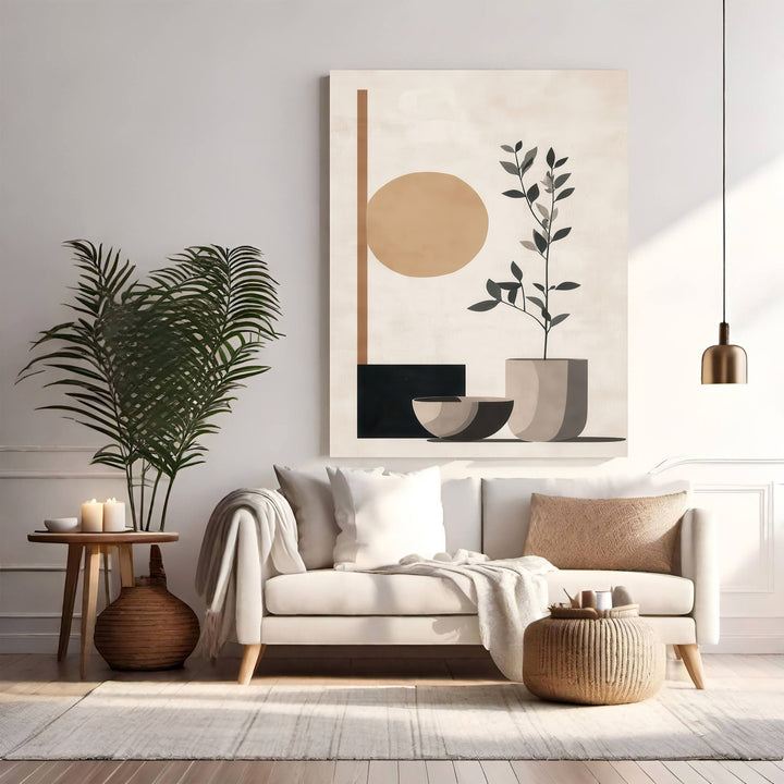 Wadi Home abstract botanical wall art with beige, terracotta, and charcoal tones. Minimalist design features a plant in a pot, sun-like circle, and geometric shapes.