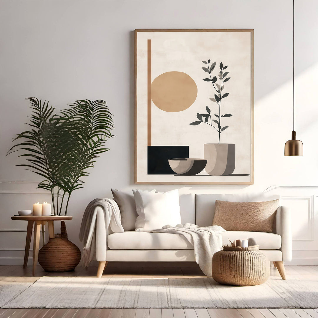 Wadi Home abstract botanical wall art with beige, terracotta, and charcoal organic shapes. Features a plant in a pot, sun circle, and geometric forms.