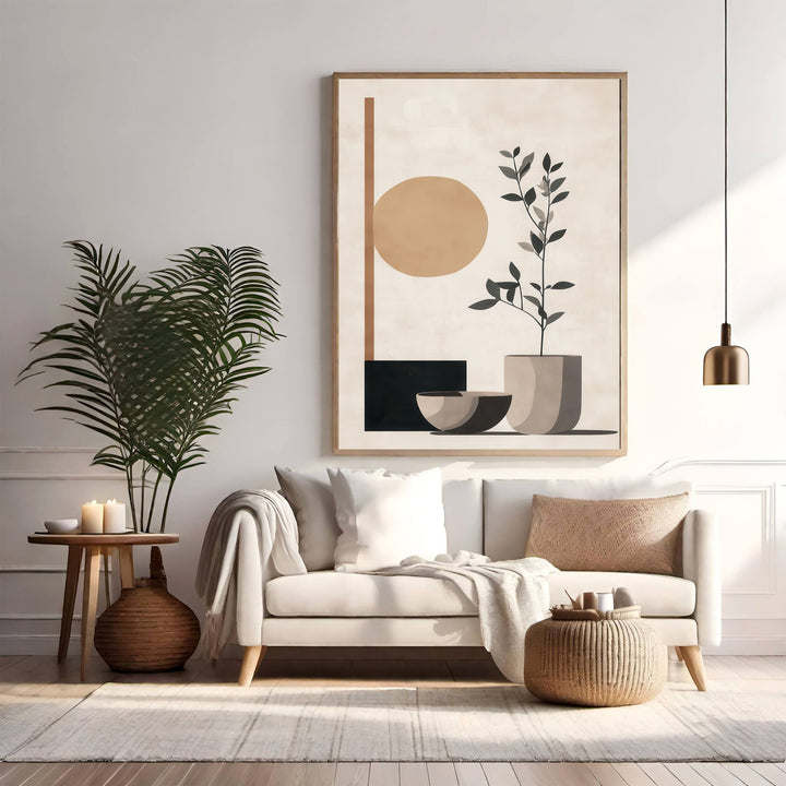 Wadi Home abstract botanical wall art with beige, terracotta, and charcoal organic shapes. Features a plant in a pot, sun circle, and geometric forms.
