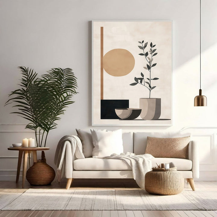 Wadi Home abstract botanical wall art with beige, terracotta, and charcoal organic shapes. Minimalist plant in pot with sun-like circle.