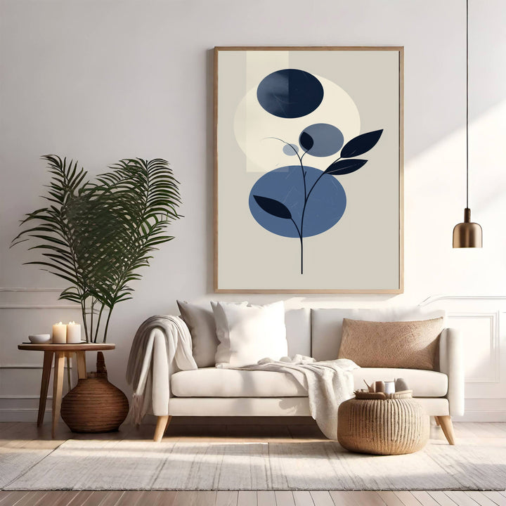 Wadi Home Abstract Botanical Circles Wall Art featuring a minimalist design with deep blue and neutral tones, a botanical silhouette against abstract circles.