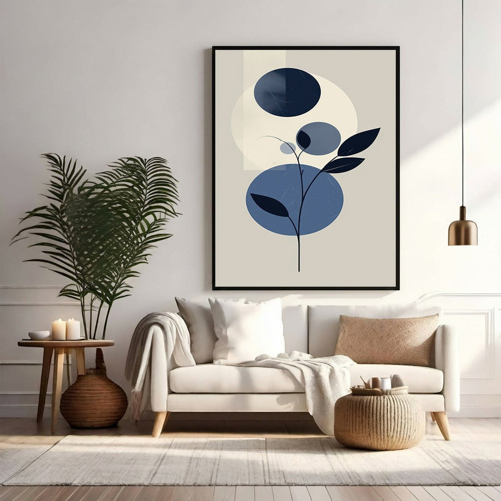 Wadi Home Abstract Botanical Circles Wall Art featuring a minimalist blue botanical silhouette against a neutral background with abstract circles.