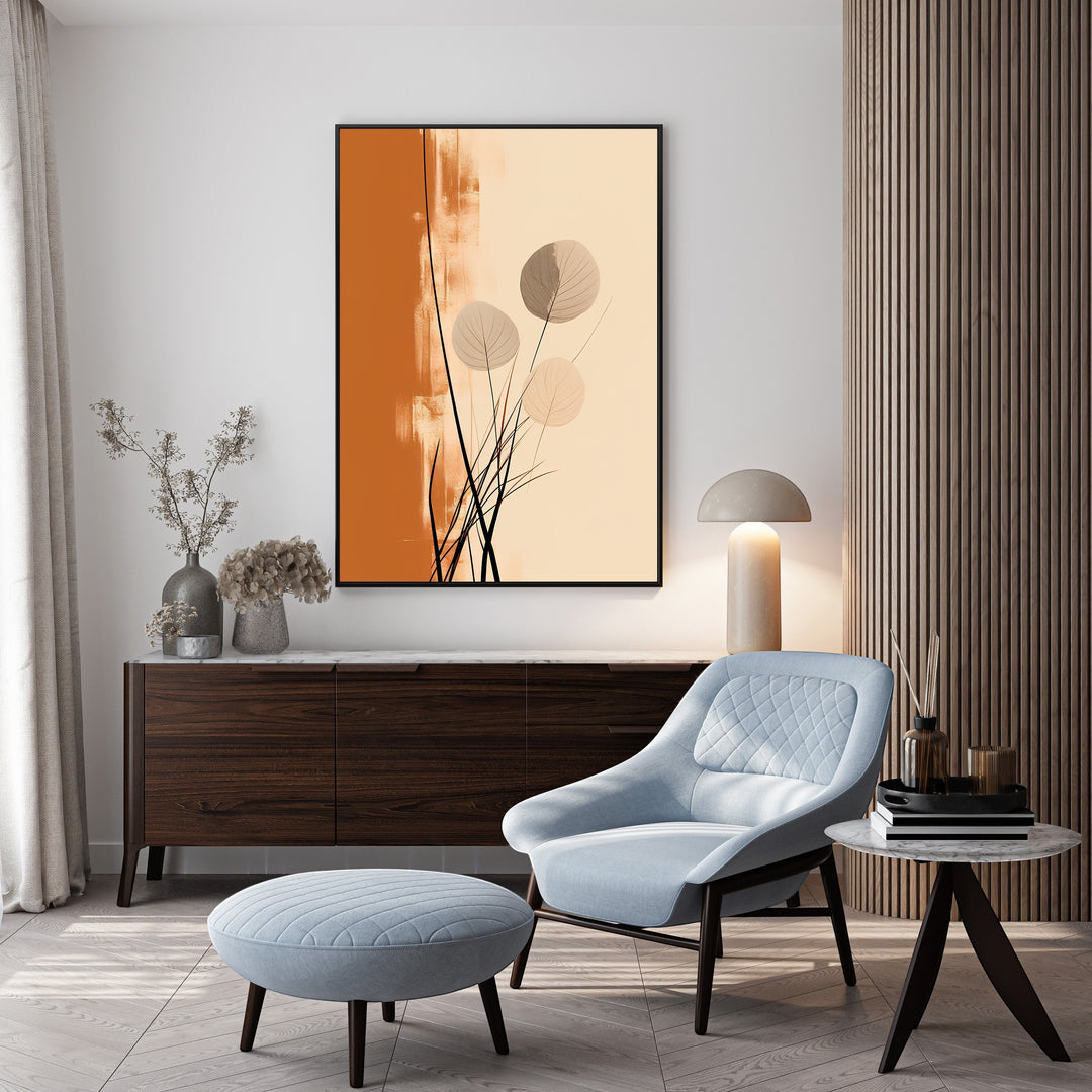 Wadi Home abstract botanical wall art with burnt orange and cream background, featuring delicate floral elements and minimalist design.