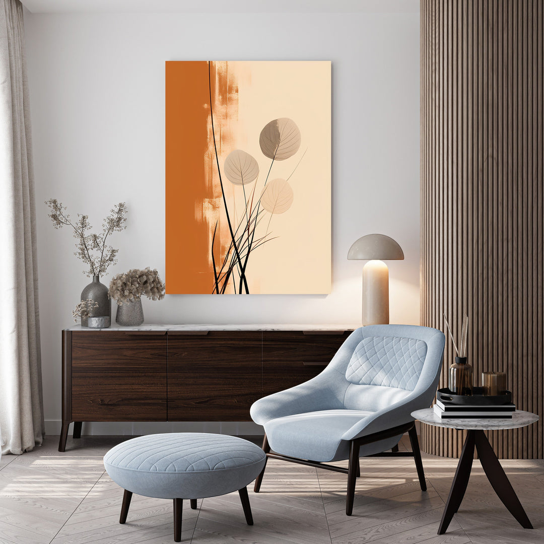 Wadi Home abstract botanical wall art with burnt orange and cream background, featuring delicate floral elements and minimalist design.