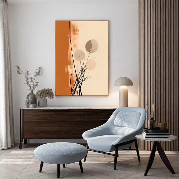 Wadi Home abstract botanical wall art with burnt orange and cream background, featuring minimalist floral elements and thin black stems.