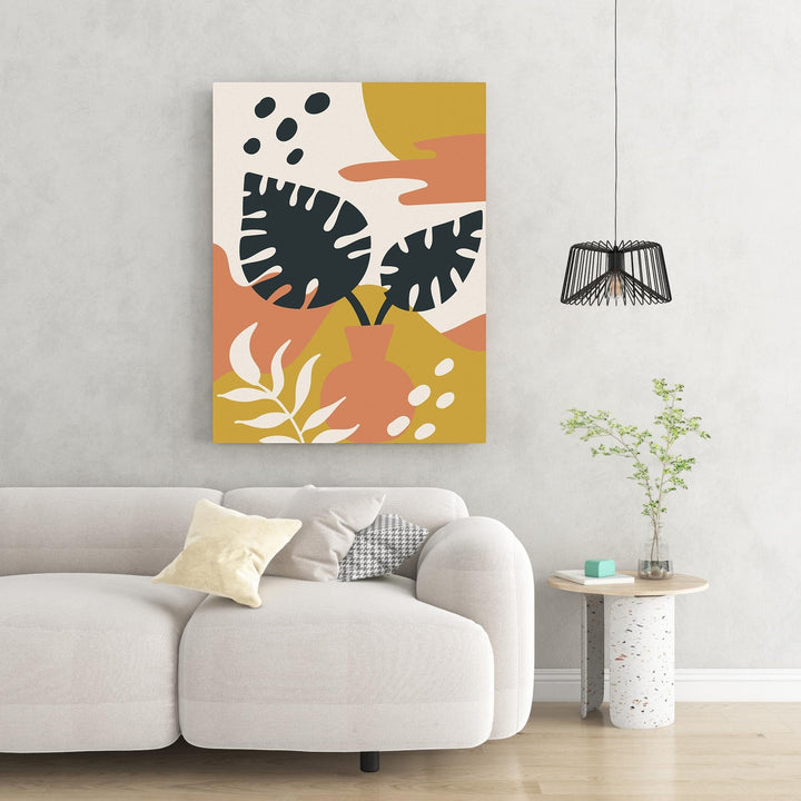 Wadi Home abstract botanical wall art with ochre, terracotta, and deep green monstera leaves and organic shapes.
