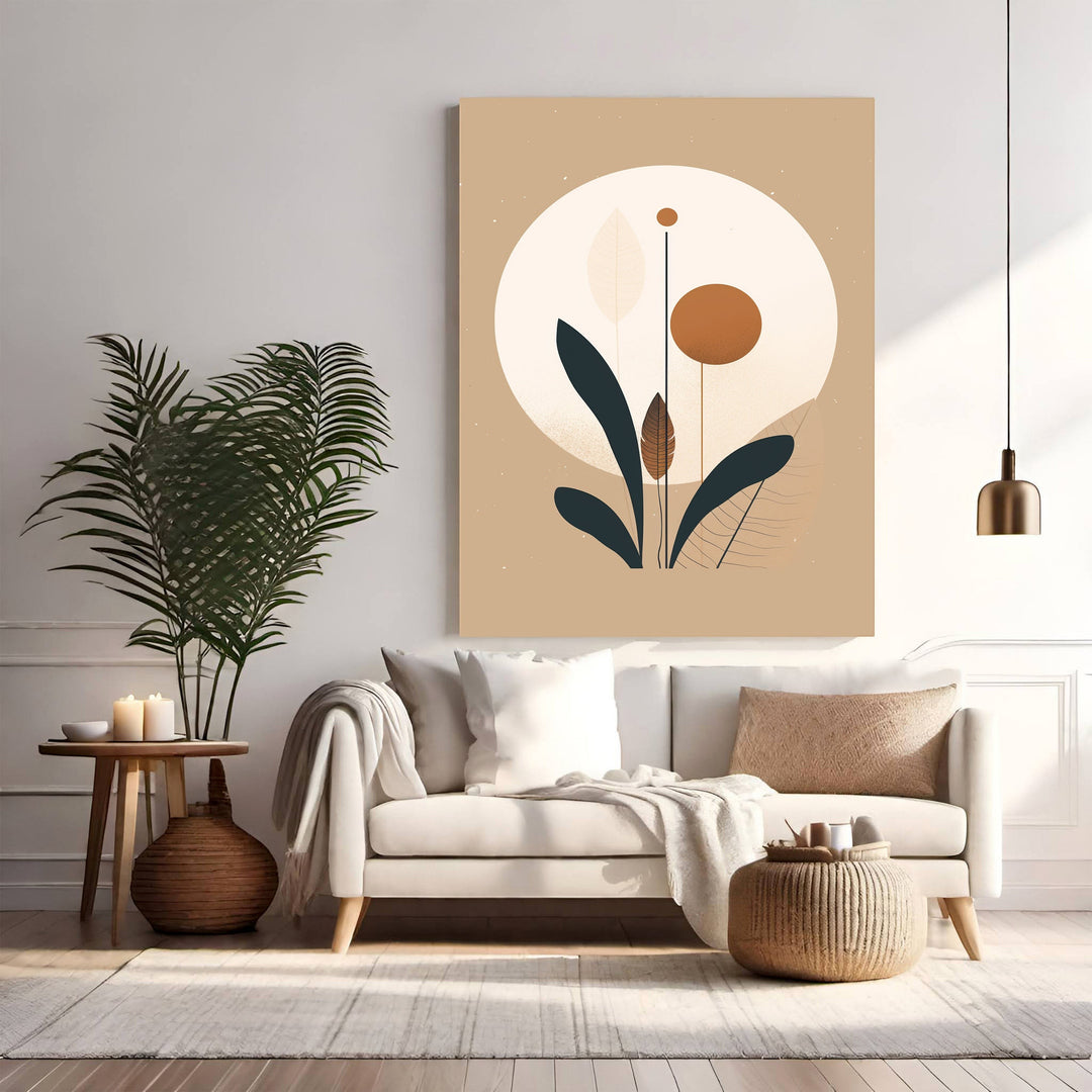 Wadi Home abstract botanical circle wall art with earthy tones and minimalist design. Features organic shapes and modern nature elements.