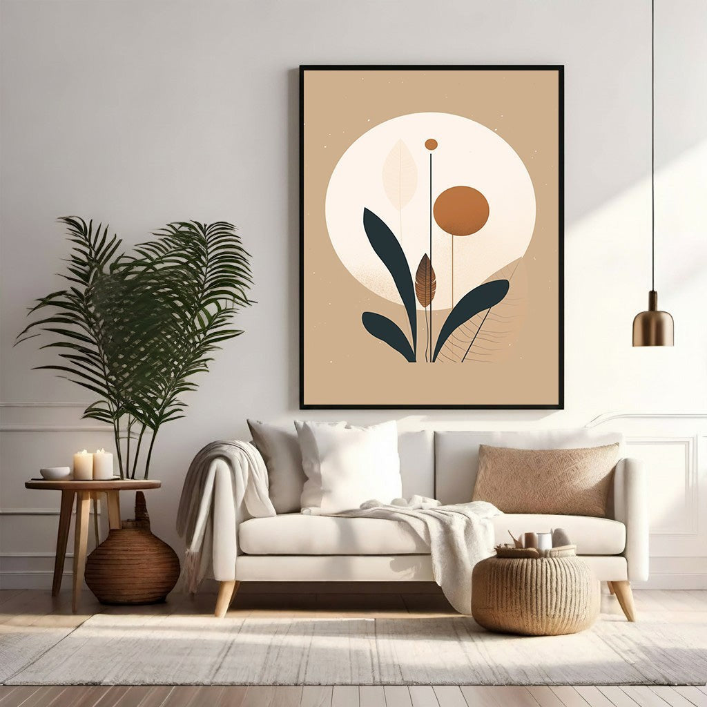 Wadi Home abstract botanical circle wall art with earthy tones and minimalist design. Features dark green leaves and brown accents.