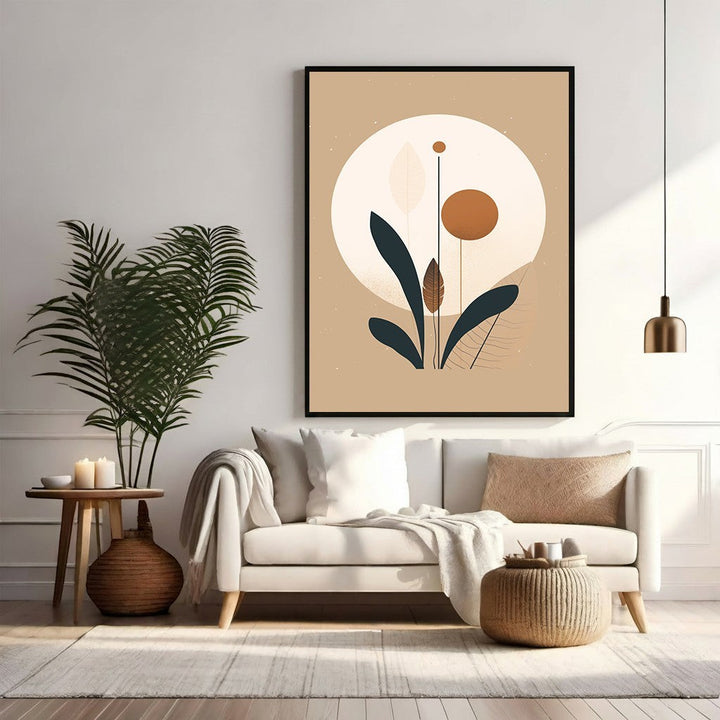 Wadi Home abstract botanical circle wall art with earthy tones and minimalist design. Features dark green leaves and brown accents.