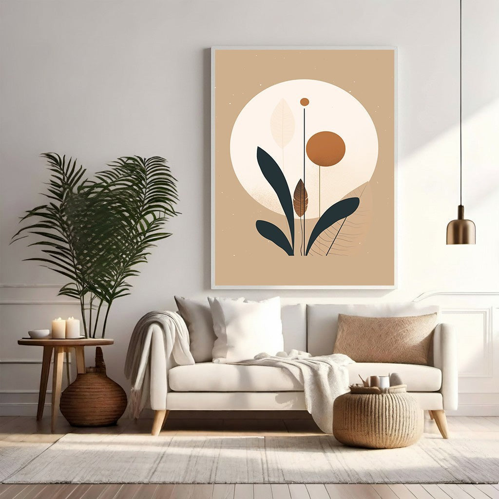Wadi Home abstract botanical circle wall art with earthy tones and minimalist design. Features dark green leaves and brown accents.