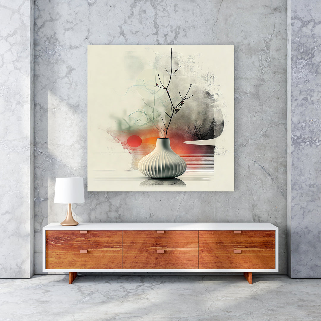 Wadi Home abstract botanical still life wall art featuring a minimalist vase with branches, muted tones, orange and green accents.
