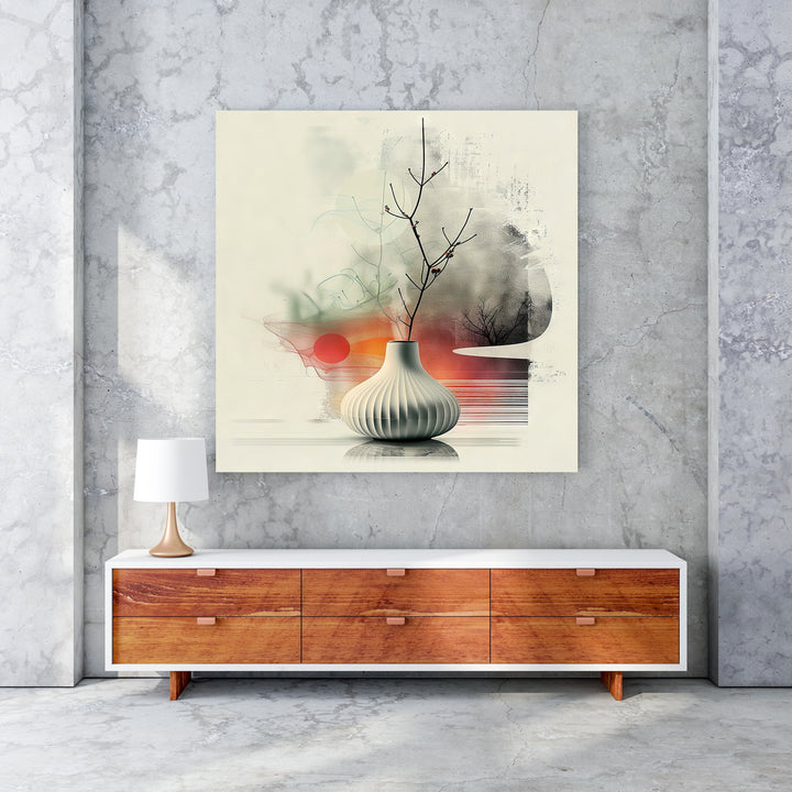 Wadi Home abstract botanical still life wall art featuring a minimalist vase with branches, muted tones, orange and green accents.