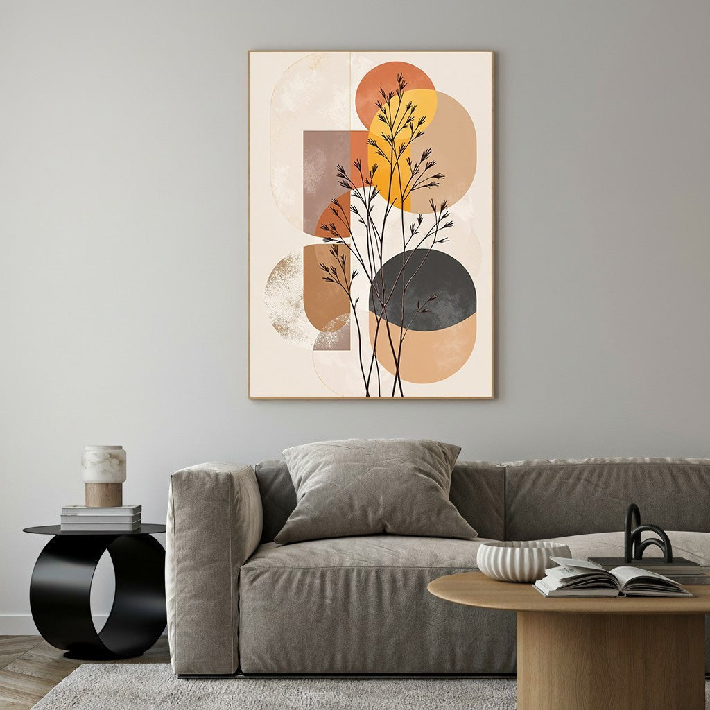 Wadi Home abstract botanical geometric wall art in terracotta, ochre, brown, black, and cream. Features organic shapes and clean lines.