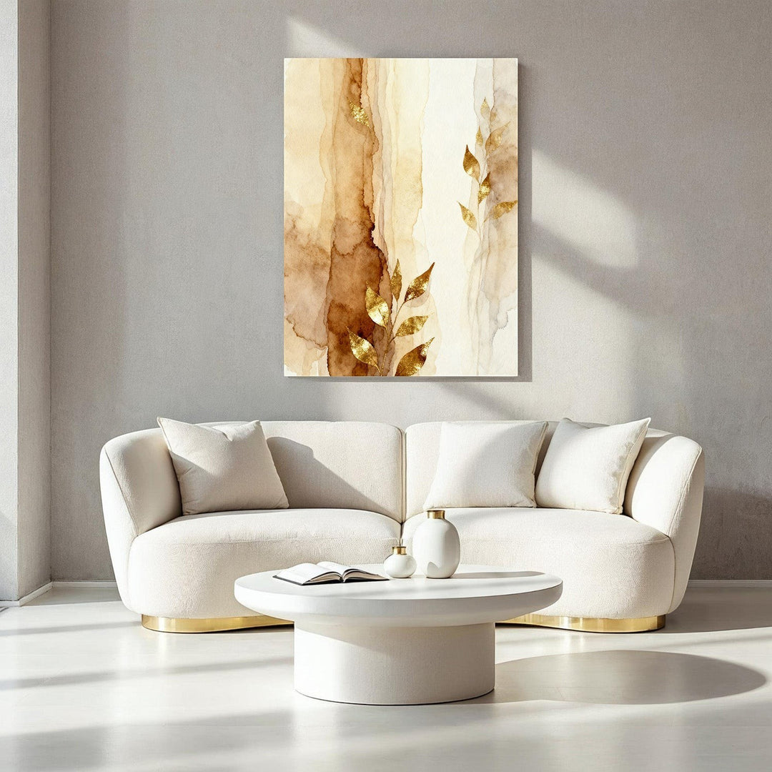 Wadi Home abstract watercolor botanical wall art with gold leaf accents in warm earth tones.