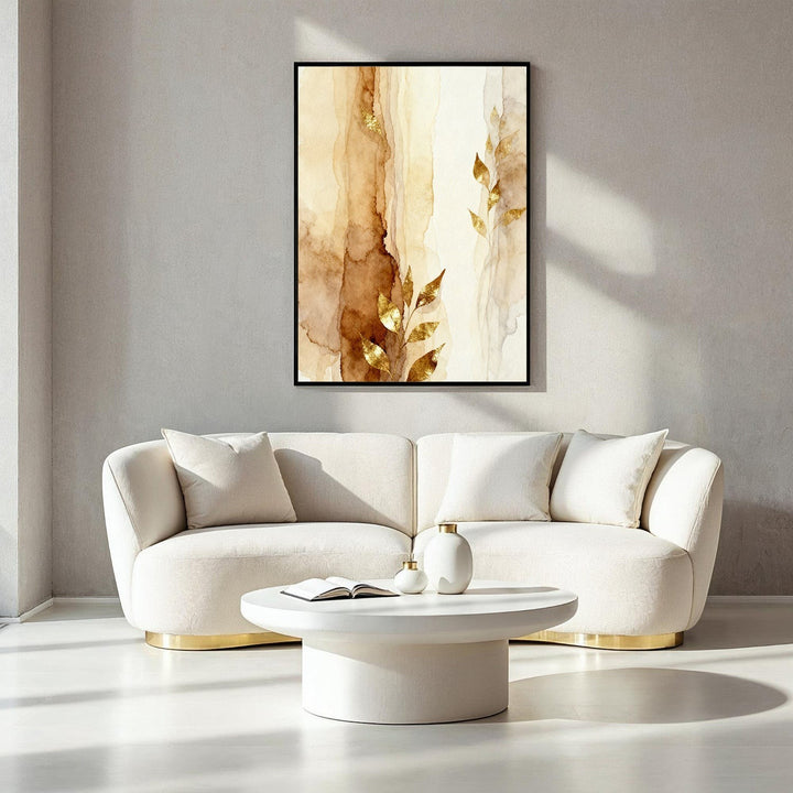 Wadi Home abstract watercolor botanical wall art with gold leaf accents in warm earth tones.