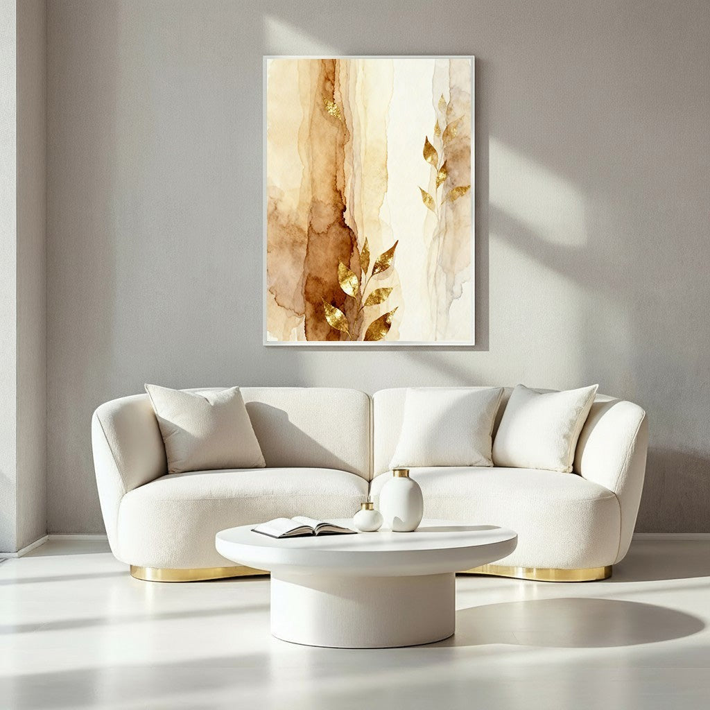 Wadi Home abstract watercolor botanical wall art with gold leaf accents in warm earth tones.
