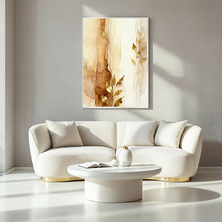 Wadi Home abstract watercolor botanical wall art with gold leaf accents in warm earth tones.