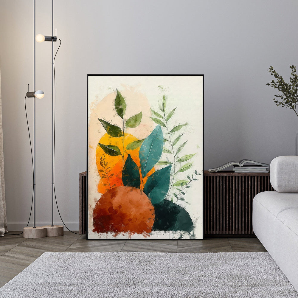 Wadi Home abstract botanical wall art with green foliage and earthy tones in watercolor style.