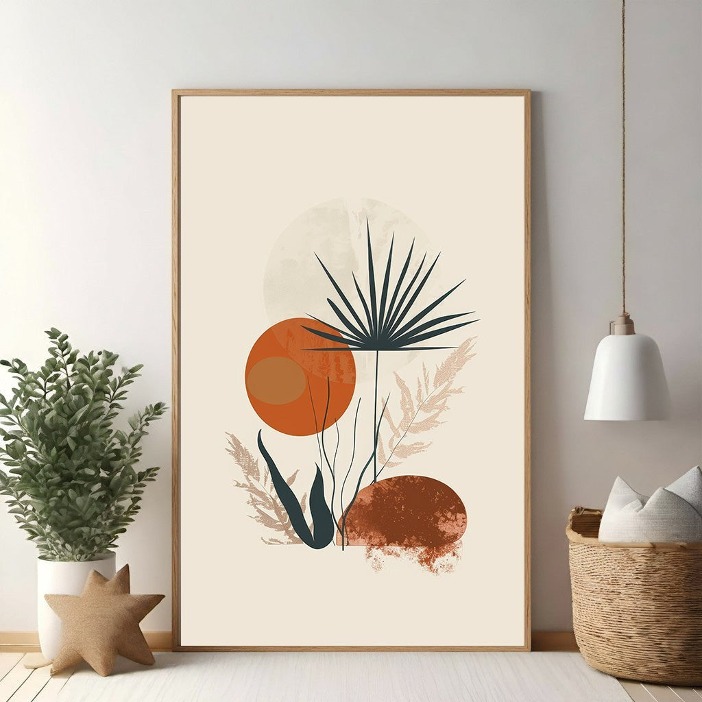 Wadi Home abstract botanical mid-century modern wall art with earthy tones and minimalist design.